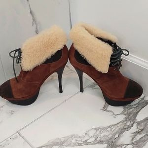 L.A.M.B Gwen Stefani leather/suede with real fur 5 inch heel boots size 7.5